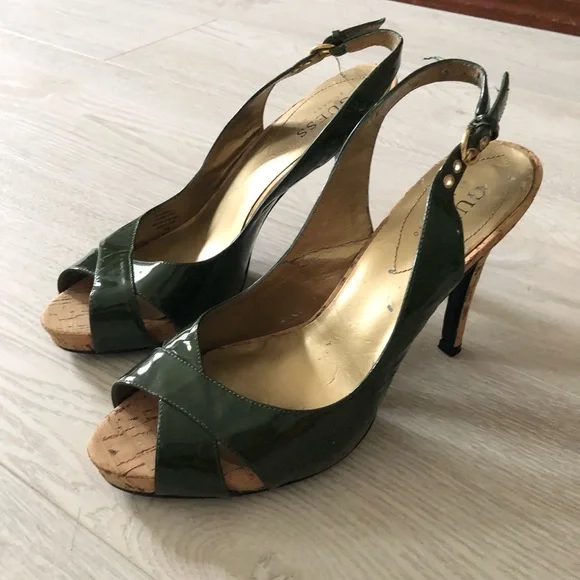 Guess by Marciano Green Leather High Heel Slingback Cork Heels - Picture 2 of 16